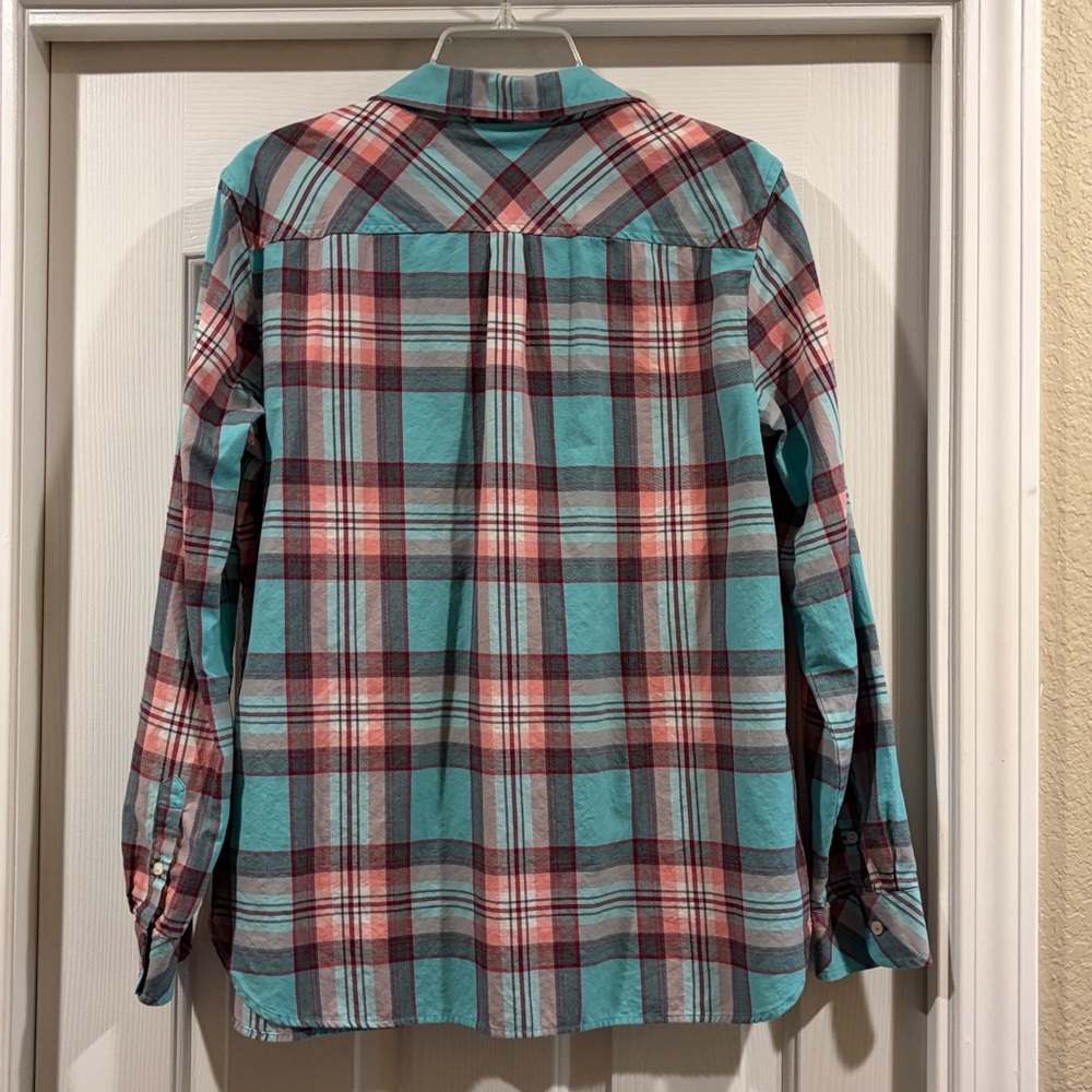 Talbots Plaid Button-Down Shirt in Teal and Coral Womens L like new - Picture 4 of 5